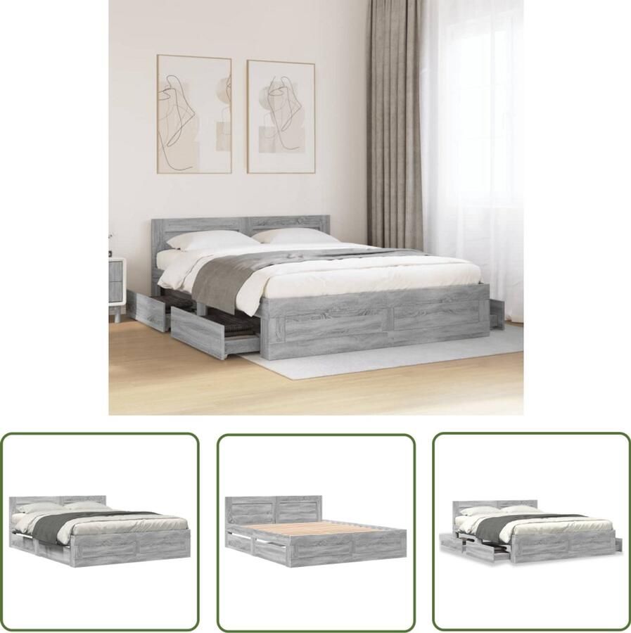 VidaXL Bedframe met hoofdeinde bewerkt hout grijs sonoma 160x200 cm Bed Frame Houten Bed Slaapcomfort Hoofdbord Bergruimte