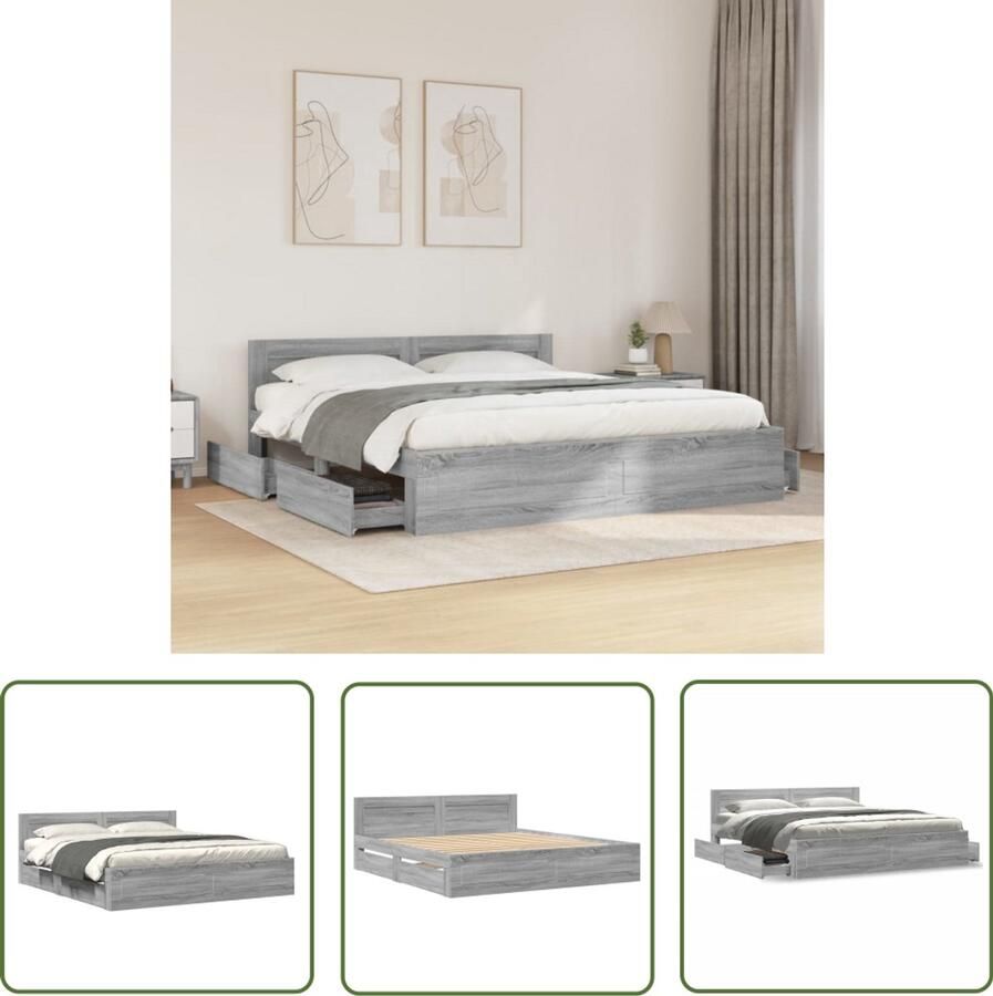 VidaXL Bedframe met hoofdeinde bewerkt hout grijs sonoma 200x200 cm Bed Frame Houten Bed Tweepersoonsbed Boxspring Bed Slaapcomfort