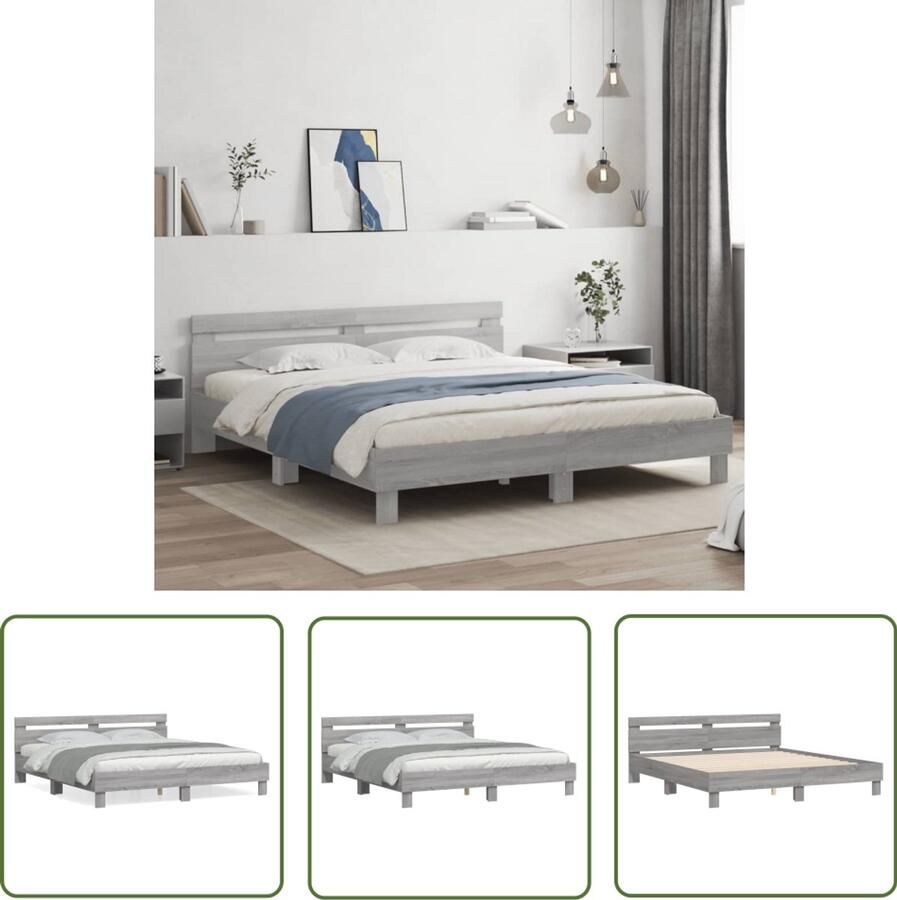 VidaXL Bedframe met hoofdeinde bewerkt hout grijs sonoma 200x200 cm Bed Frame Houten Bed Tweepersoons Bed Slaapcomfort Design Bed
