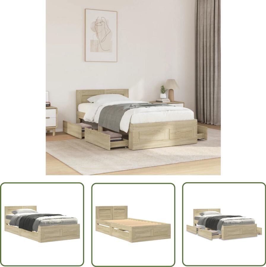 VidaXL Houten Bed Frame Bedframe met hoofdeinde bewerkt hout sonoma eiken 100x200 cm Bed Met Lades Sonomapine Bed Slaapkamersdecoratie