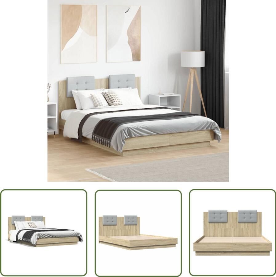 VidaXL Bedframe met hoofdeinde bewerkt hout sonoma eiken 135x190 cm Bed Frame Houten Bed Sonoma Eiken Bed Tweepersoons Bed Hoofdbord