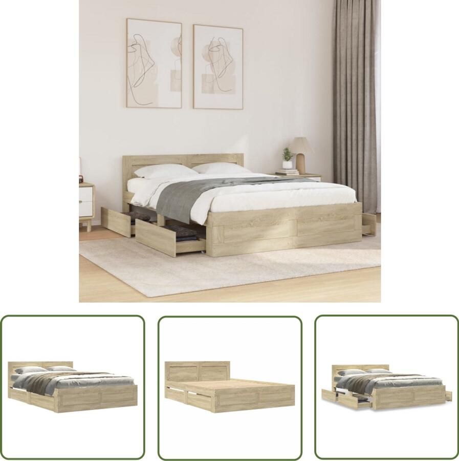 VidaXL Houten Bed Frame Bedframe met hoofdeinde bewerkt hout sonoma eiken 140x200 cm Bed Met Hoofdeinde Sonoma Eiken Slaapkamers