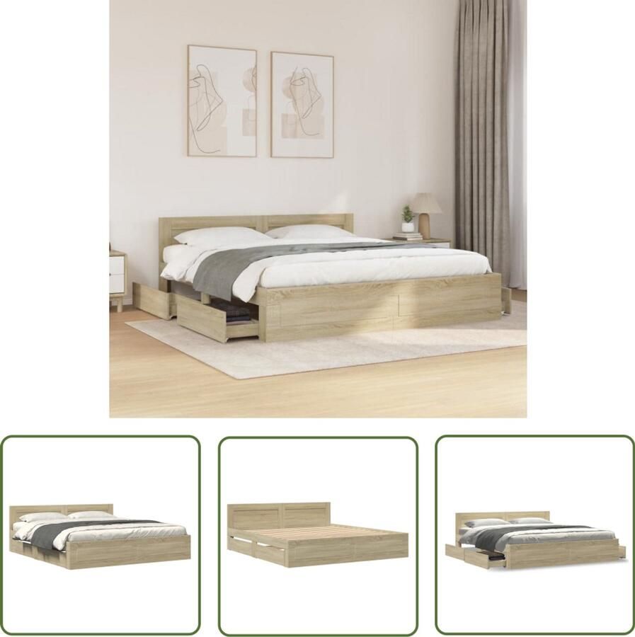 VidaXL Houten Bed Frame Bedframe met hoofdeinde bewerkt hout sonoma eiken 180x200 cm Bed Met Lades Sonoma Eiken Tweepersoonsbed