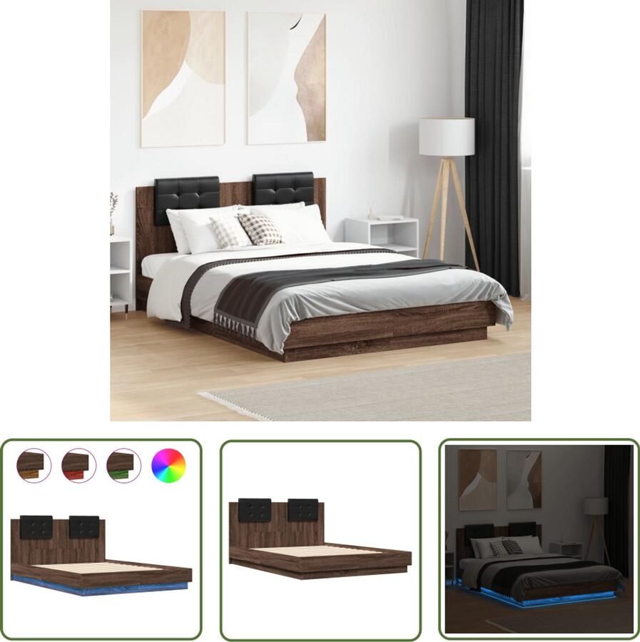 VidaXL Bedframe met hoofdeinde en LED bruin eikenkleur 135x190 cm Bed Frame Houten Bed Led Bed Bruin Bed Tweepersoonsbed