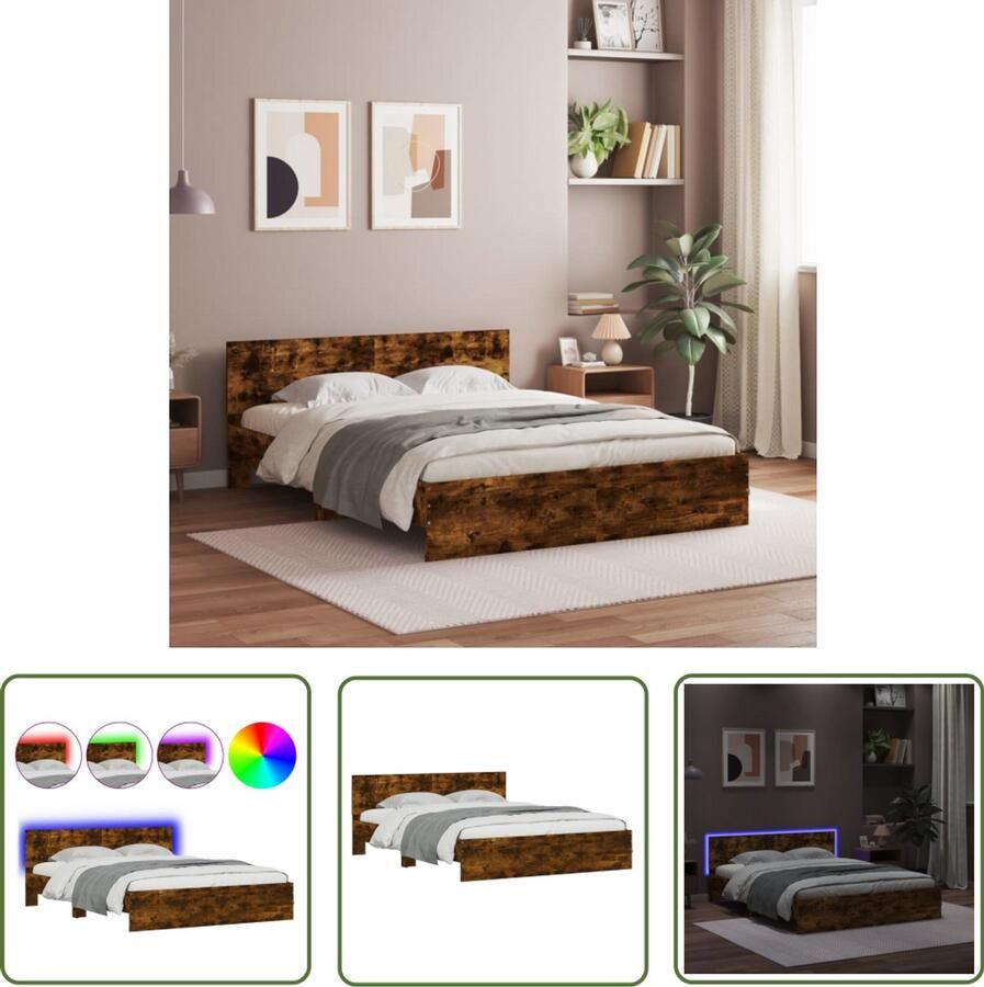 VidaXL Bedframe met hoofdeinde en LED gerookt eikenkleurig 160x200 cm Bed Frame Houten Bed Led Bed Slaapcomfort Bedroom Furniture