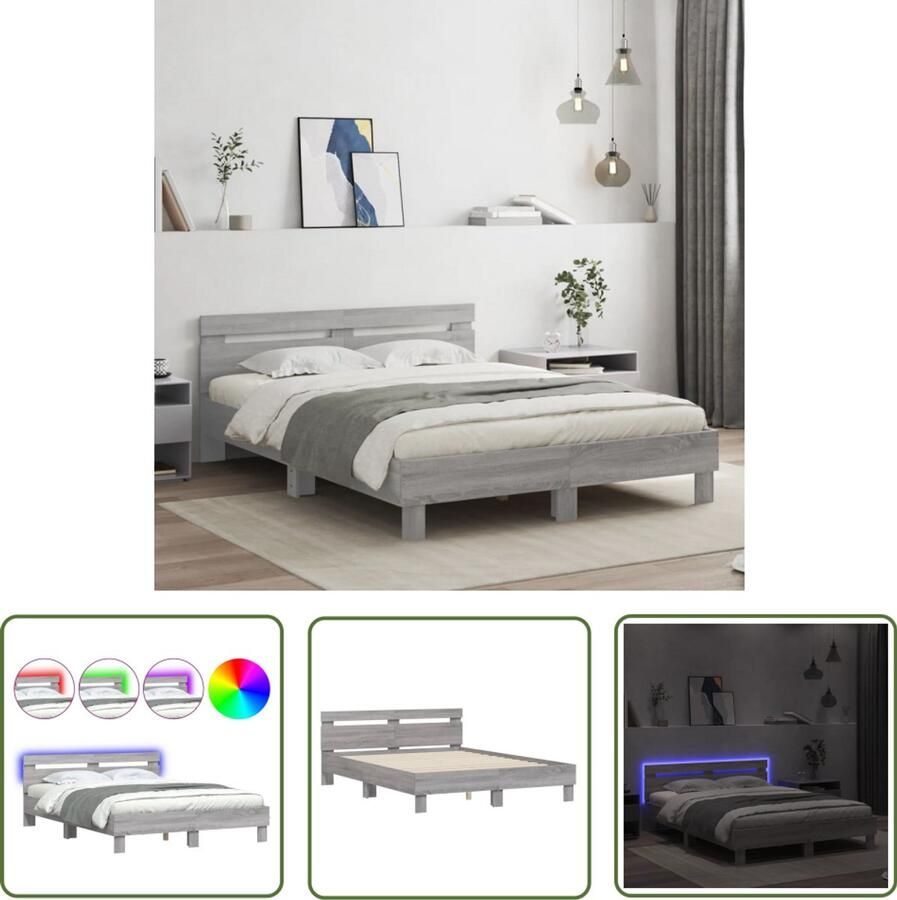 VidaXL Bedframe met hoofdeinde en LED grijs sonoma eiken 140x190 cm Bed Frame Houten Bed Led Bed Slaapcomfort Bedroom Decor