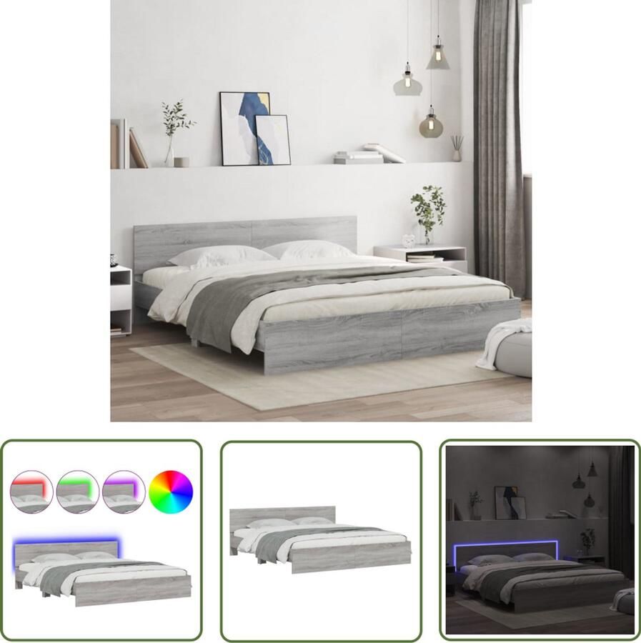 VidaXL Bedframe met hoofdeinde en LED grijs sonoma eiken 200x200 cm Bed Frame Houten Bed Led Bed Slaapcomfort Rgb Verlichting