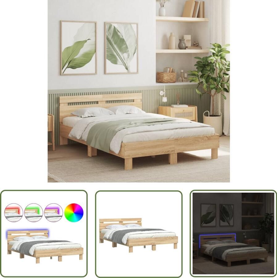 VidaXL Bedframe met hoofdeinde en LED sonoma eikenkleurig 120x200 cm Bed Frame Houten Bed LED Bed Sonoma Eiken Tweepersoonsbed