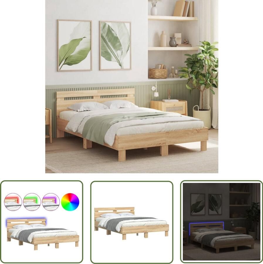 VidaXL Bedframe met hoofdeinde en LED sonoma eikenkleurig 135x190 cm Bed Frame Houten Bed Led Bed Sonoma Eiken Tweepersoons Bed