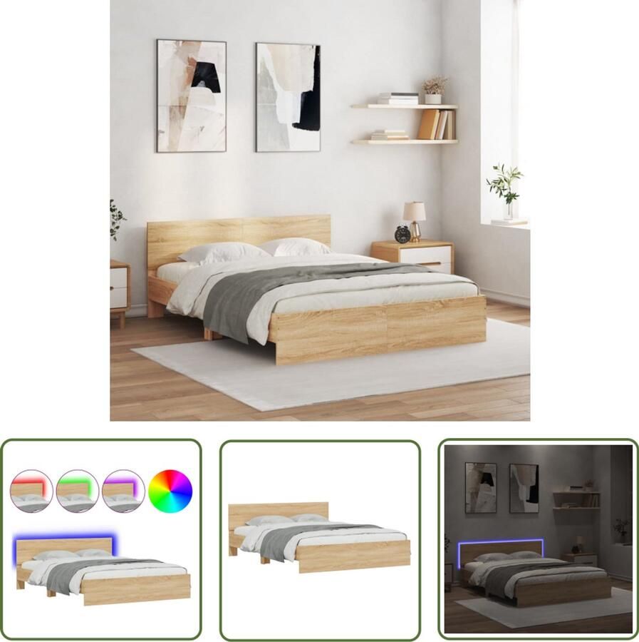 VidaXL Bedframe met hoofdeinde en LED sonoma eikenkleurig 150x200 cm Bed Frame Houten Bed Led Bed Sonomapine Bed Tweepersoonsbed