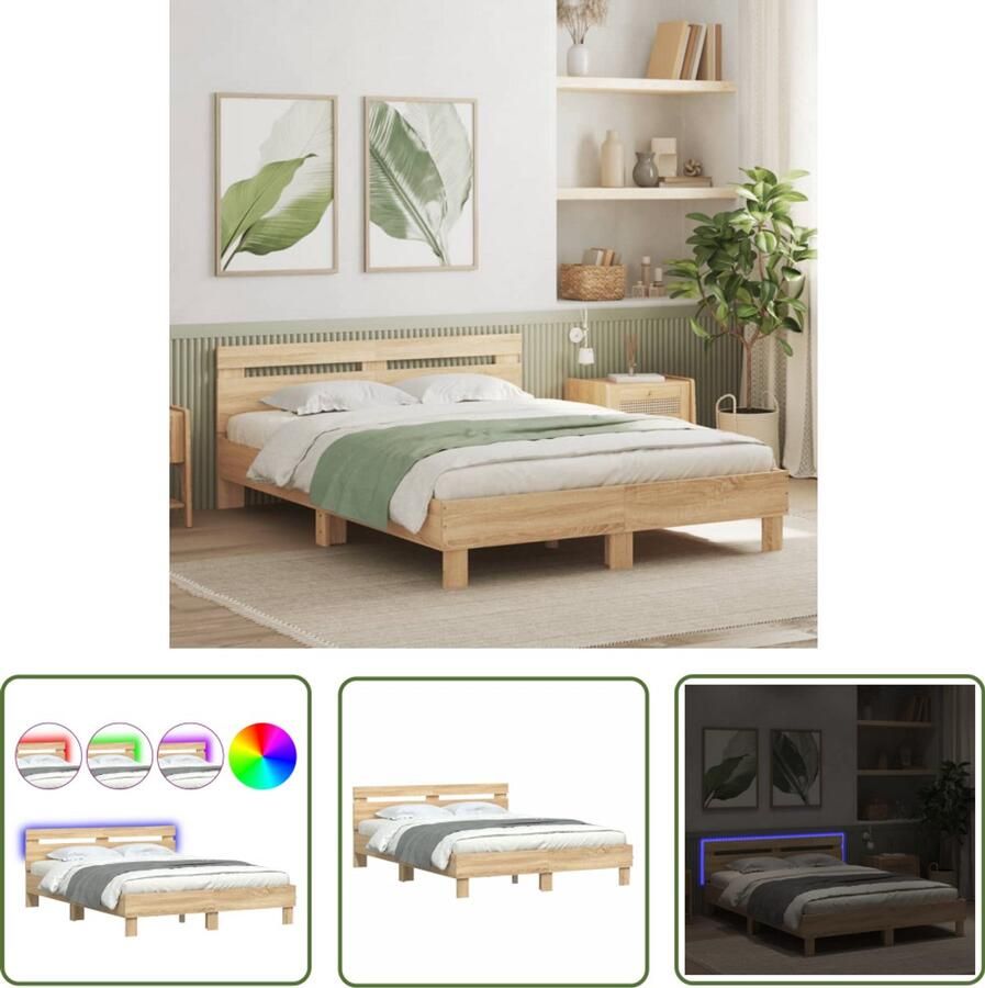 VidaXL Bedframe met hoofdeinde en LED sonoma eikenkleurig 150x200 cm Bed Frame Houten Bed Sonomapine Bed Led Bed Tweepersoonsbed