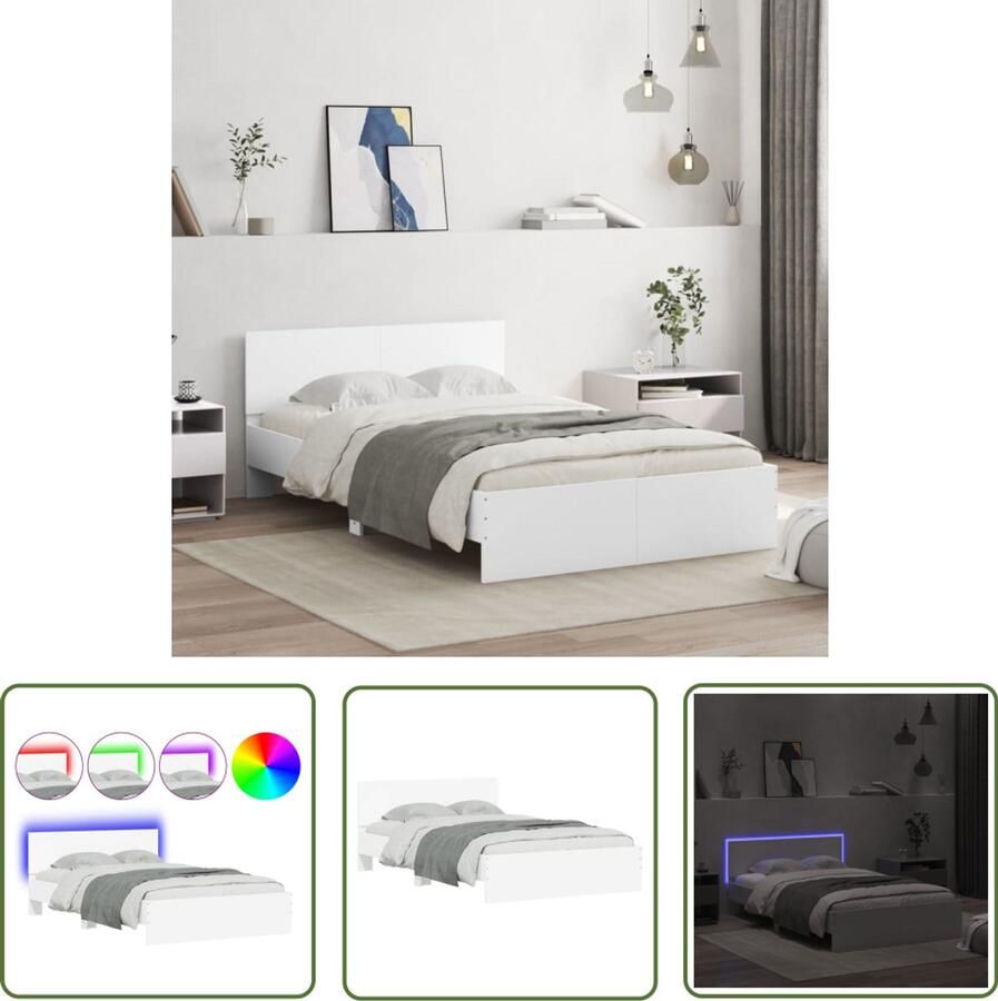 VidaXL Bedframe met hoofdeinde en LED wit 135x190 cm Bed Frame Houten Bed Led Bed Slaap Kamer Decoratie King Size Bed