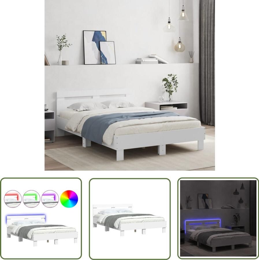 VidaXL Bedframe met hoofdeinde en LED wit 135x190 cm Bed Frame Houten Bed Led Bed Tweepersoonsbed Slaapcomfort