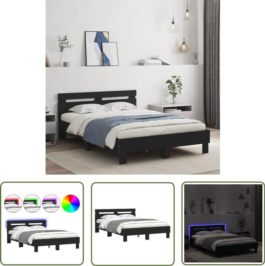 VidaXL Bedframe met hoofdeinde en LED zwart 135x190 cm Bed Frame Houten Bed Led Bed Modern Bed Tweepersoonsbed