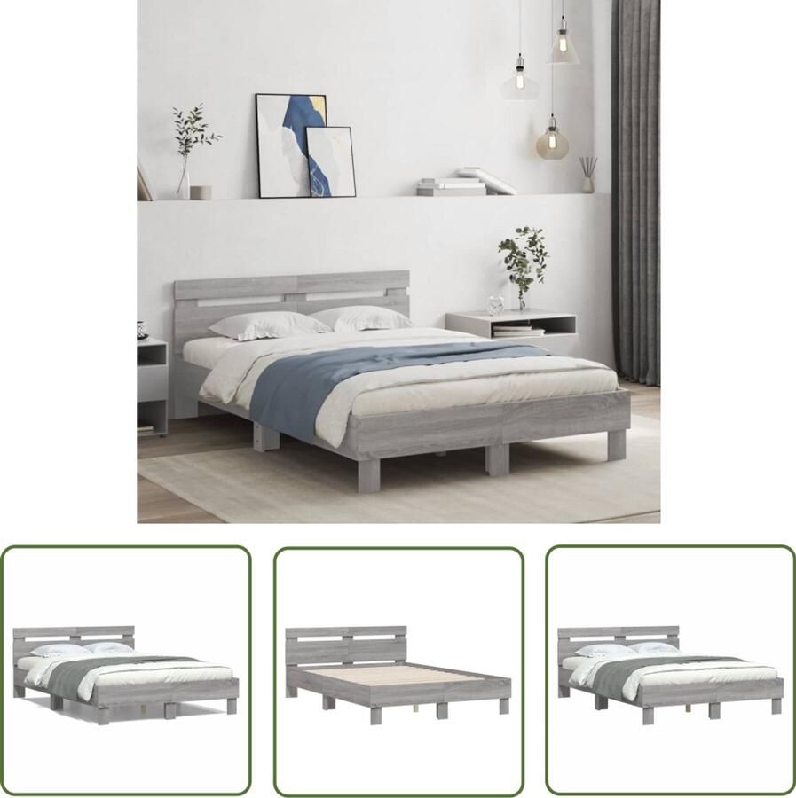 VidaXL Bedframe met hoofdeinde grijs sonoma eiken 135x190 cm Bed Frame Houten Bed Slaapcomfort Design Bed Tweepersoonsbed