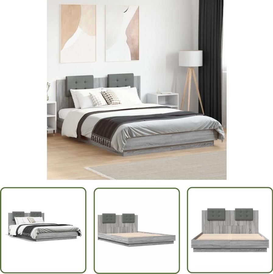 VidaXL Bedframe met hoofdeinde grijs sonoma eiken 150x200 cm Bed Frame Houten Bed Tweepersoonsbed Hoofdbord Grijze Bed