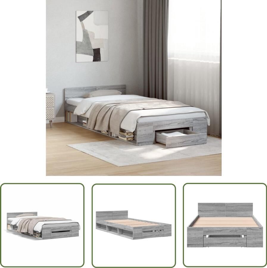 VidaXL Houten Bed Frame Bedframe met lade bewerkt hout grijs sonoma eiken 90x190 cm Bed Met Lade Grijze Bed Sonomane Eiken