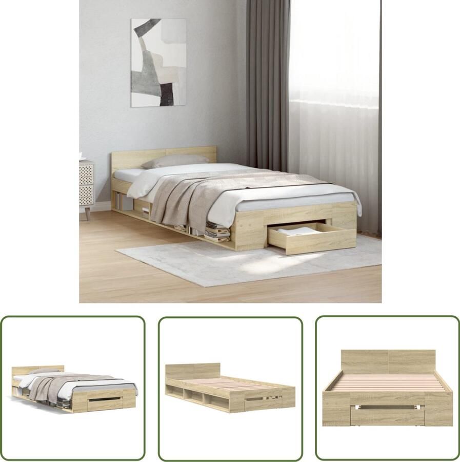 VidaXL Houten Bed Frame Bedframe met lade bewerkt hout sonoma eikenkleurig 90x200 cm Bed Met Lade Sonoma Eiken Tweepersoons Bed