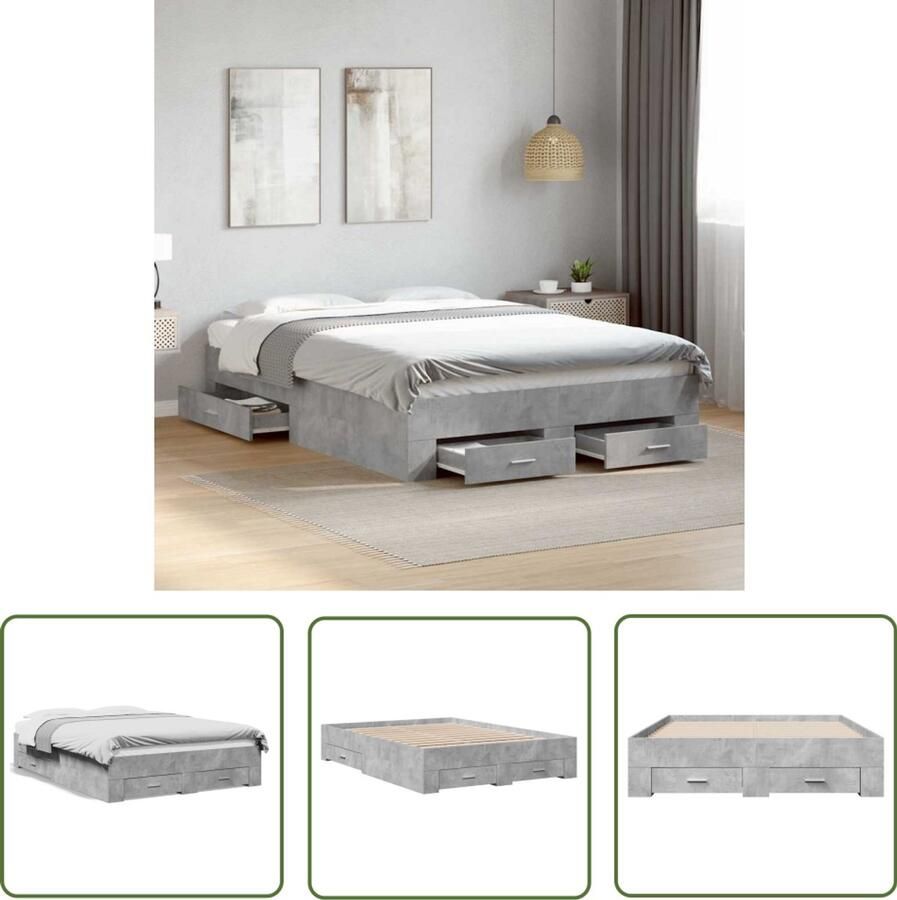 VidaXL Bedframe met lades bewerkt hout betongrijs 135x190 cm Bed Frame Houten Bed Tweepersoonsbed Beton Grijs Slaapkamersdecoratie