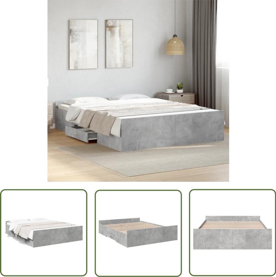 VidaXL Bedframe met lades bewerkt hout betongrijs 150x200 cm Bed Frame Houten Bed Tweepersoonsbed Beton Grijs Bed Met Lade