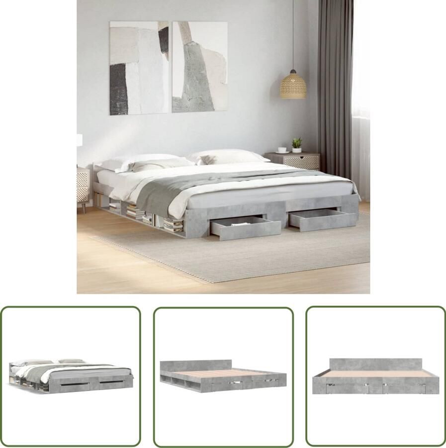 VidaXL Bedframe met lades bewerkt hout betongrijs 180x200 cm Bed Frame Houten Bed Tweepersoonsbed Beton Grijs Slaapkamersdecoratie