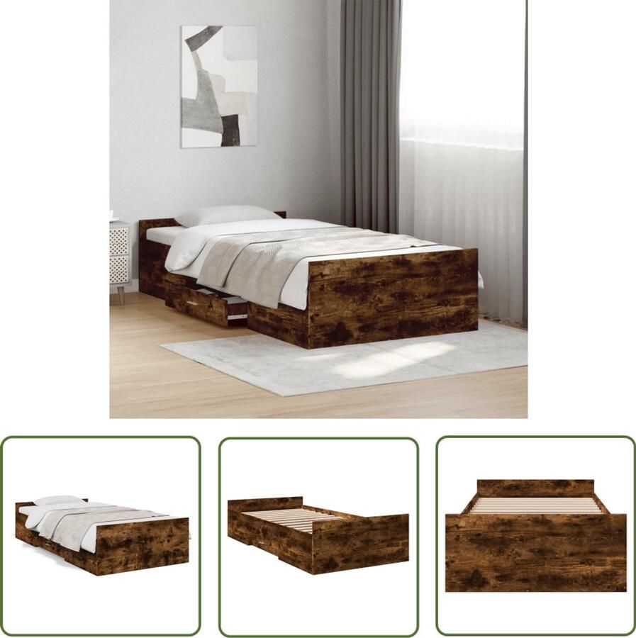 VidaXL Bedframe met lades bewerkt hout gerookt eikenkleurig 100x200 cm Bed Frame Houten Bed Bruine Bed Tweepersoonsbed Boxspring Bed - Foto 2