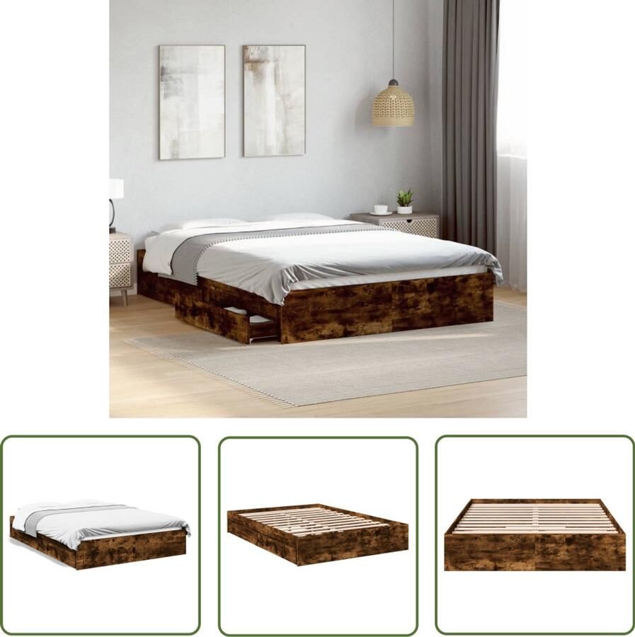 VidaXL Bedframe met lades bewerkt hout gerookt eikenkleurig 135x190 cm Bed Frame Houten Bed Bruine Bed Tweepersoonsbed Slaapkamersdecoratie