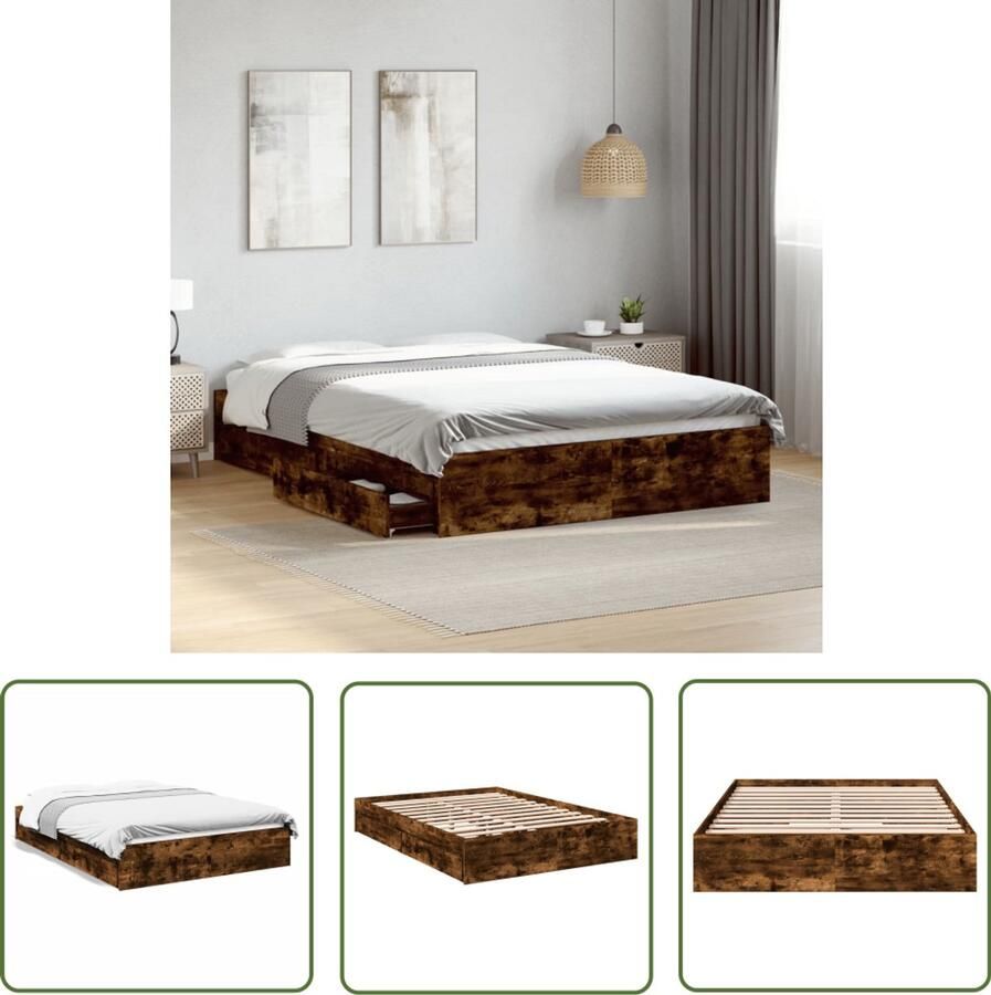 VidaXL Bedframe met lades bewerkt hout gerookt eikenkleurig 140x200 cm Bed Frame Houten Bed Bruine Bed Tweepersoonsbed Boxspring Bed