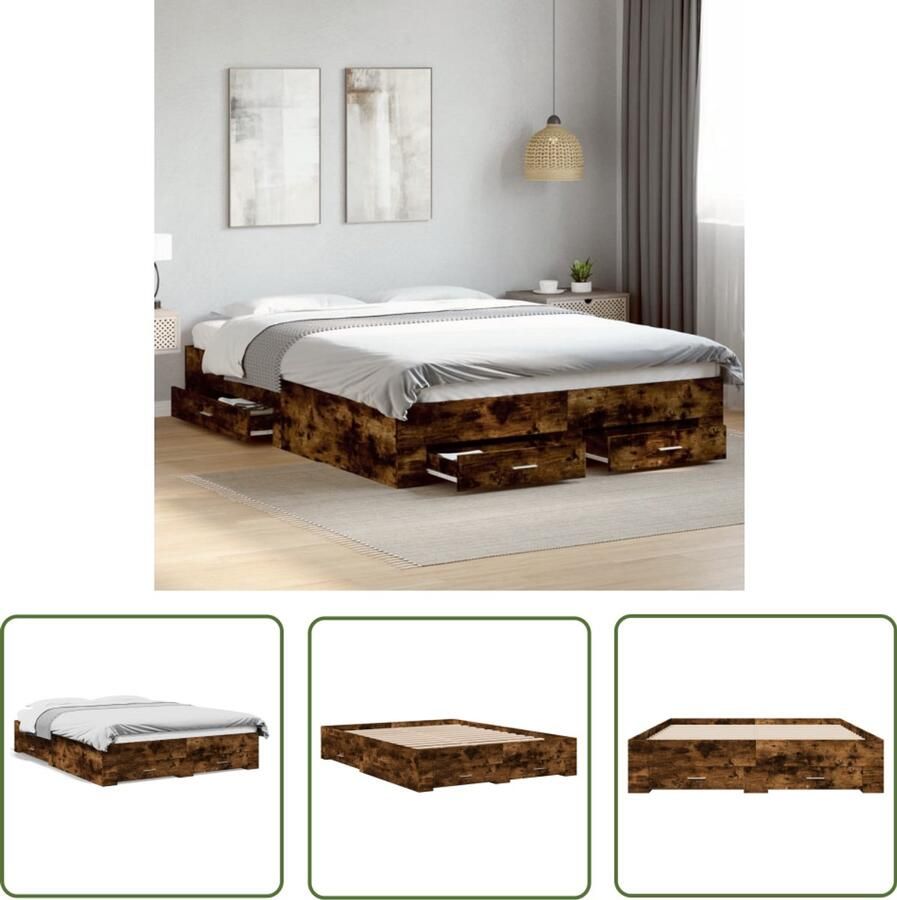 VidaXL Bedframe met lades bewerkt hout gerookt eikenkleurig 150x200 cm Bed Frame Houten Bed Bruine Bed Tweepersoons Bed Boxspring Bed