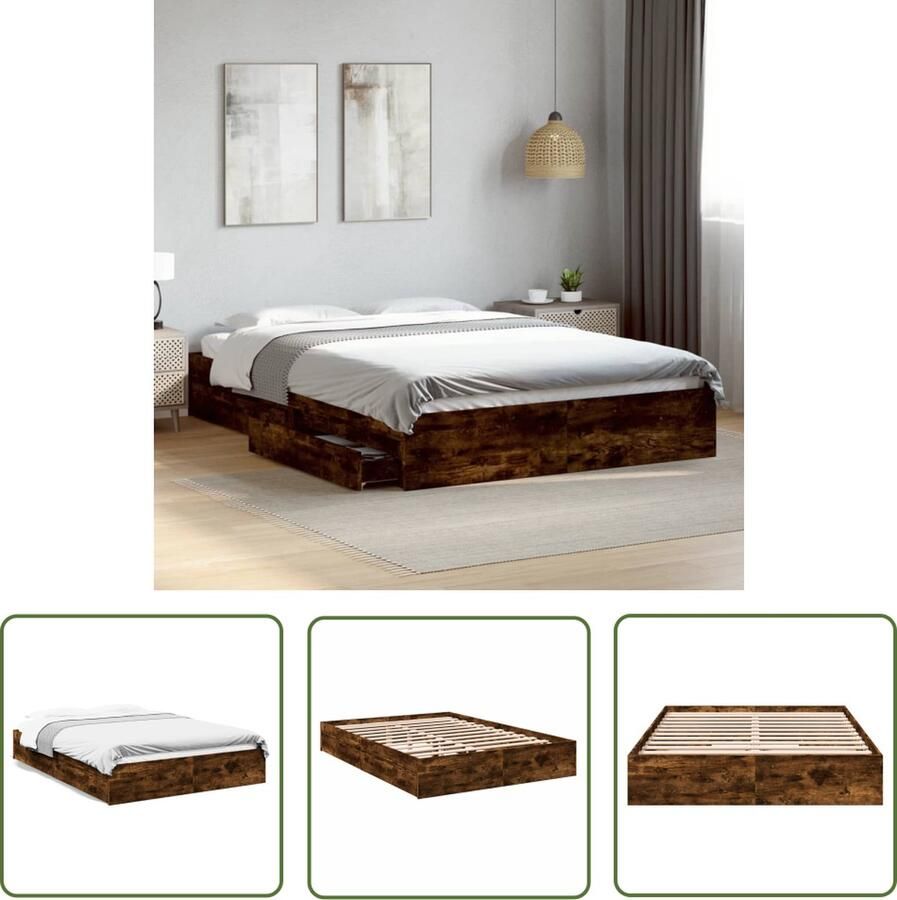 The Living Store Bedframe Met Lades 203 x 163 cm Gerookt Eiken Bewerkt Hout Multiplex Lattenbodem Bed Frame Houten Bed Tweepersoonsbed Boxspring Bed Bergruimte