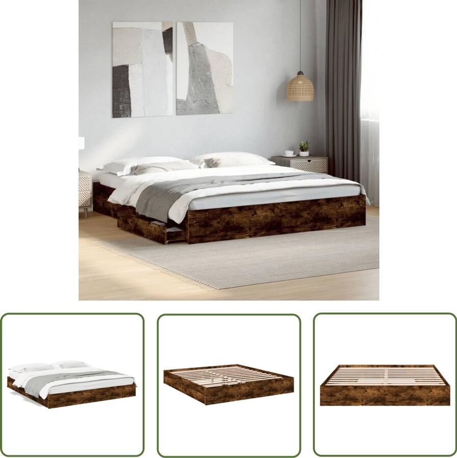 VidaXL Bedframe met lades bewerkt hout gerookt eikenkleurig 200x200 cm Bed Frame Houten Bed Bruine Bed Tweepersoons Bed Boxspring Bed