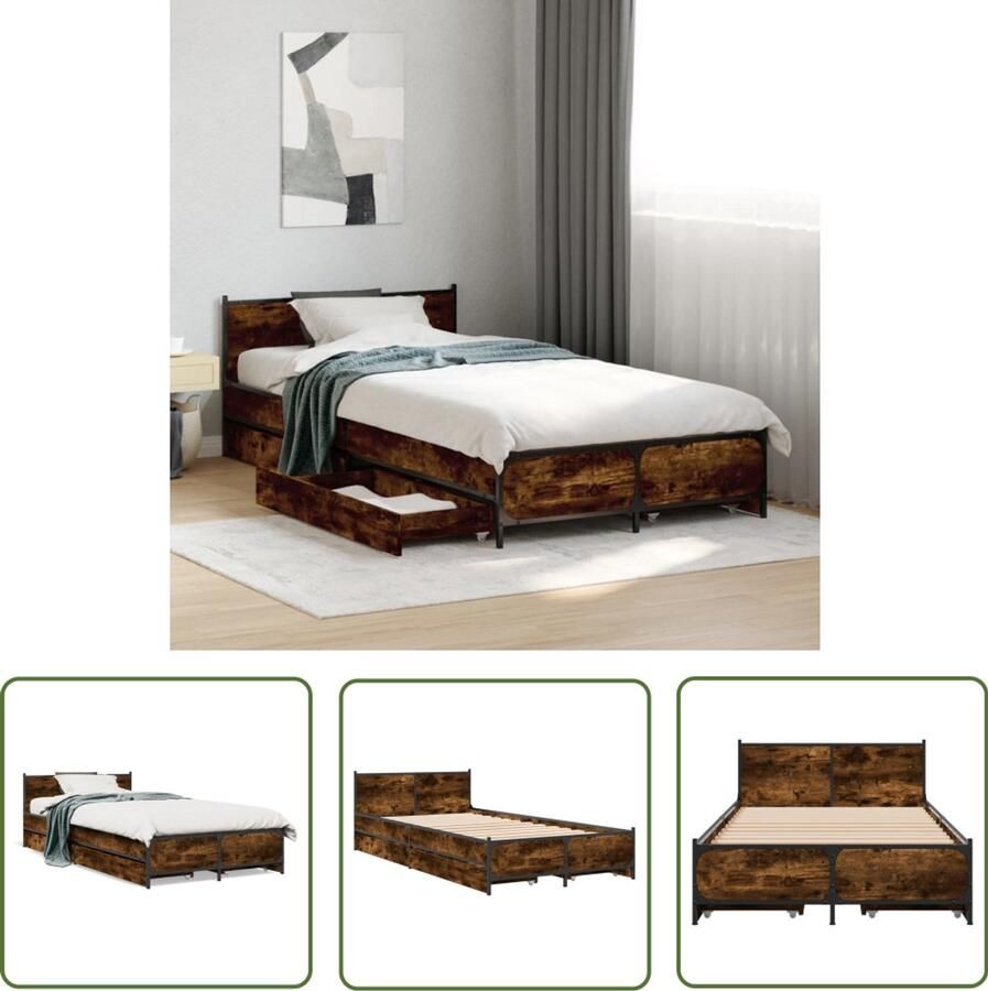 VidaXL Houten Bed Frame Bedframe met lades bewerkt hout gerookt eikenkleurig 75x190 cm Bed Met Lades Bruine Bed Tweepersoonsbed