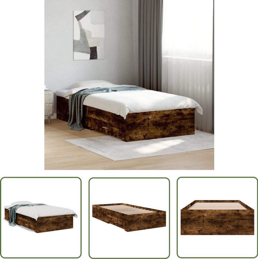 VidaXL Bedframe met lades bewerkt hout gerookt eikenkleurig 75x190 cm Bed Frame Houten Bed Bruine Bed Tweepersoons Bed Boxspring Bed