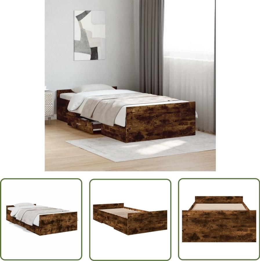 VidaXL Bedframe met lades bewerkt hout gerookt eikenkleurig 90x200 cm Bed Frame Houten Bed Bruine Bed Tweepersoonsbed Boxspring Bed