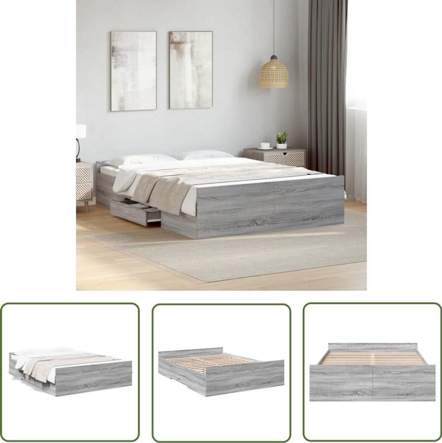 VidaXL Houten Bed Frame Bedframe met lades bewerkt hout grijs sonoma eiken 120x200 cm Bed Met Lade Slaapkamersdecoratie Grijze Bed