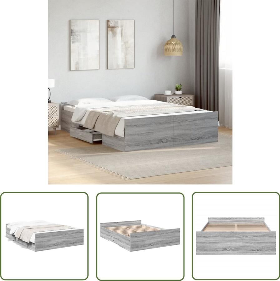 VidaXL Houten Bed Frame Bedframe met lades bewerkt hout grijs sonoma eiken 140x190 cm Bed Met Lade Grijze Bed Sonoma Eiken Bed