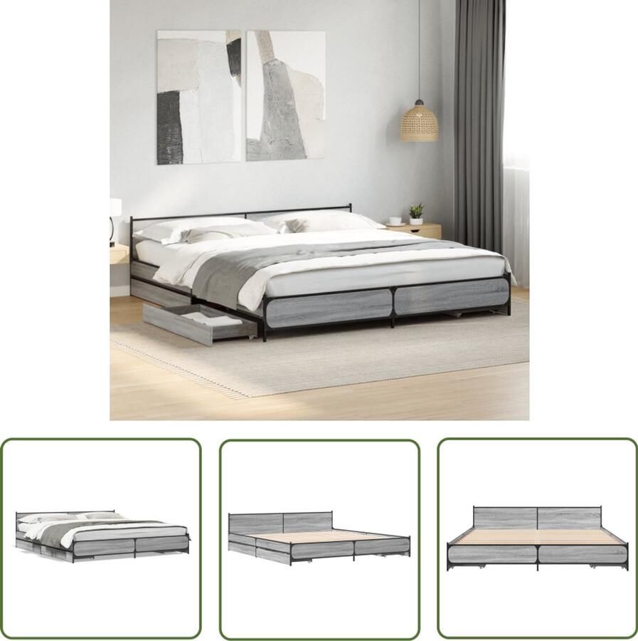 VidaXL Houten Bed Frame Bedframe met lades bewerkt hout grijs sonoma eiken 200x200 cm Bed Met Lades Tweepersoonsbed Sonoma Eiken