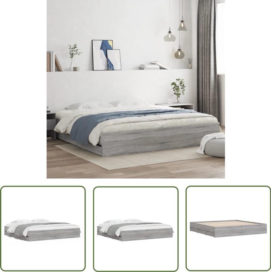 VidaXL Bedframe met lades bewerkt hout grijs sonoma eiken 200x200 cm Bed Frame Houten Bed Slaapkamersdecoratie Grijze Bedbank Sonoma Eiken