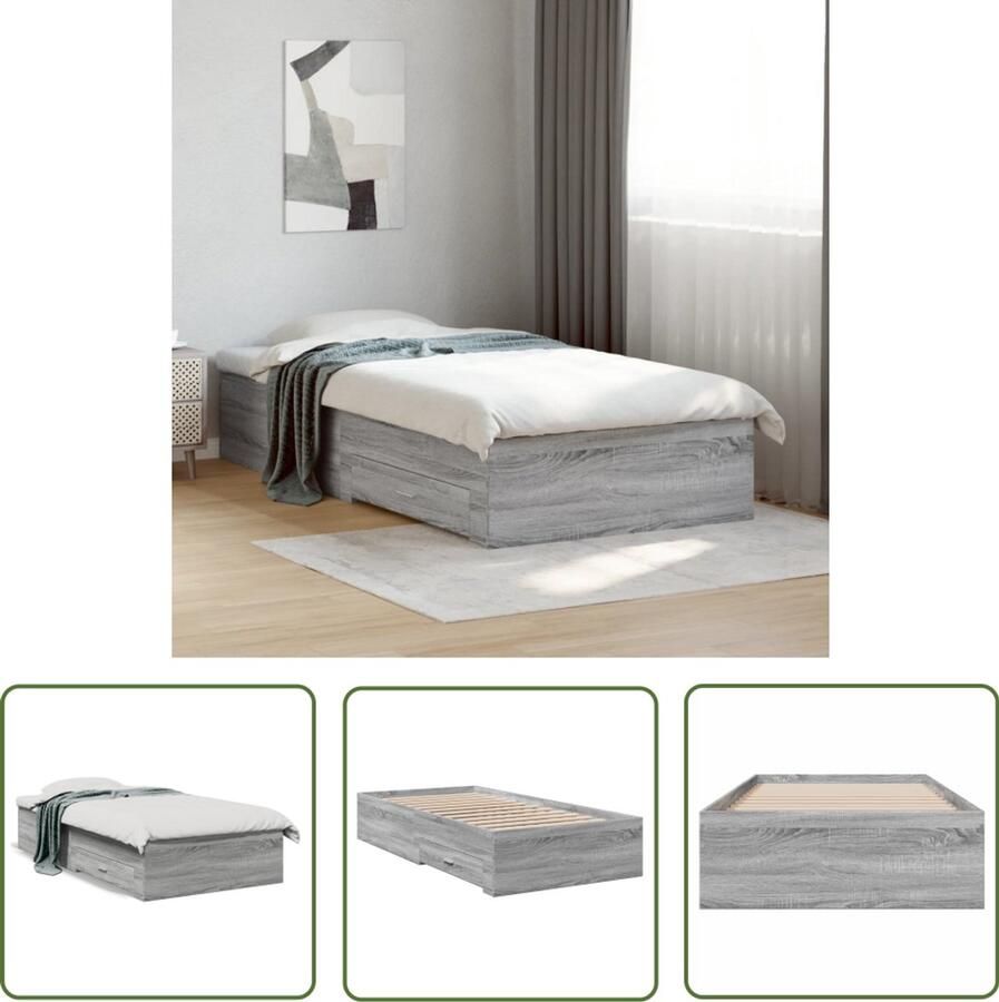 VidaXL Houten Bed Frame Bedframe met lades bewerkt hout grijs sonoma eiken 90x190 cm Bed Met Lade Sonoma Eiken Grijs Bed
