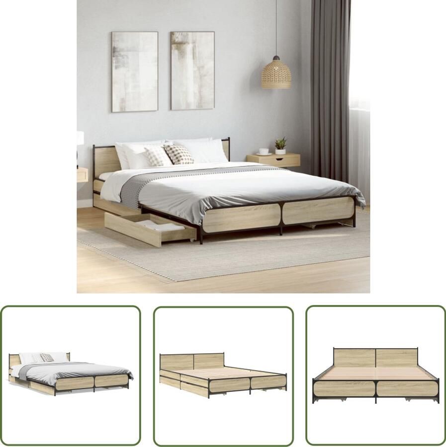 VidaXL Houten Bed Frame Bedframe met lades bewerkt hout sonoma eikenkleurig 120x200 cm Bed Met Lades Sonoma Eiken Tweepersoonsbed