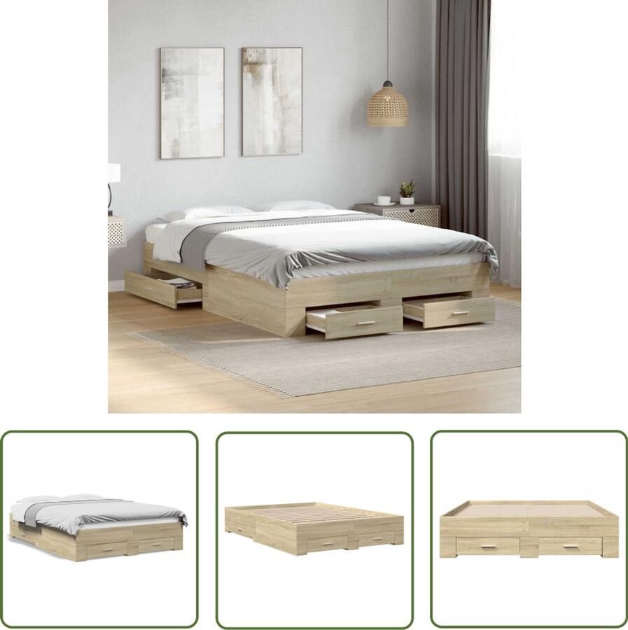 VidaXL Bedframe met lades bewerkt hout sonoma eikenkleurig 135x190 cm Bed Frame Houten Bed Sonoma Eiken Tweepersoonsbed Boxspring Bed
