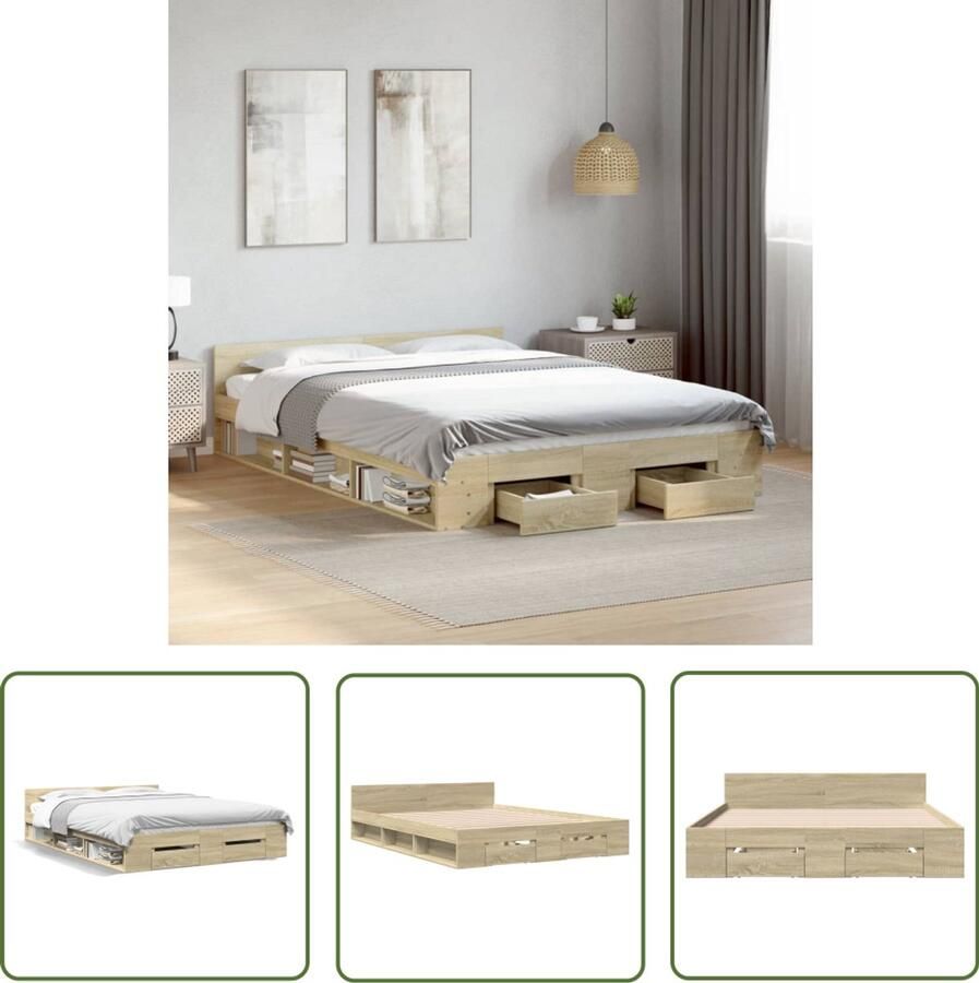 VidaXL Houten Bed Frame Bedframe met lades bewerkt hout sonoma eikenkleurig 140x200 cm Bed Met Lade Sonoma Eiken Slaapkamermeubilair