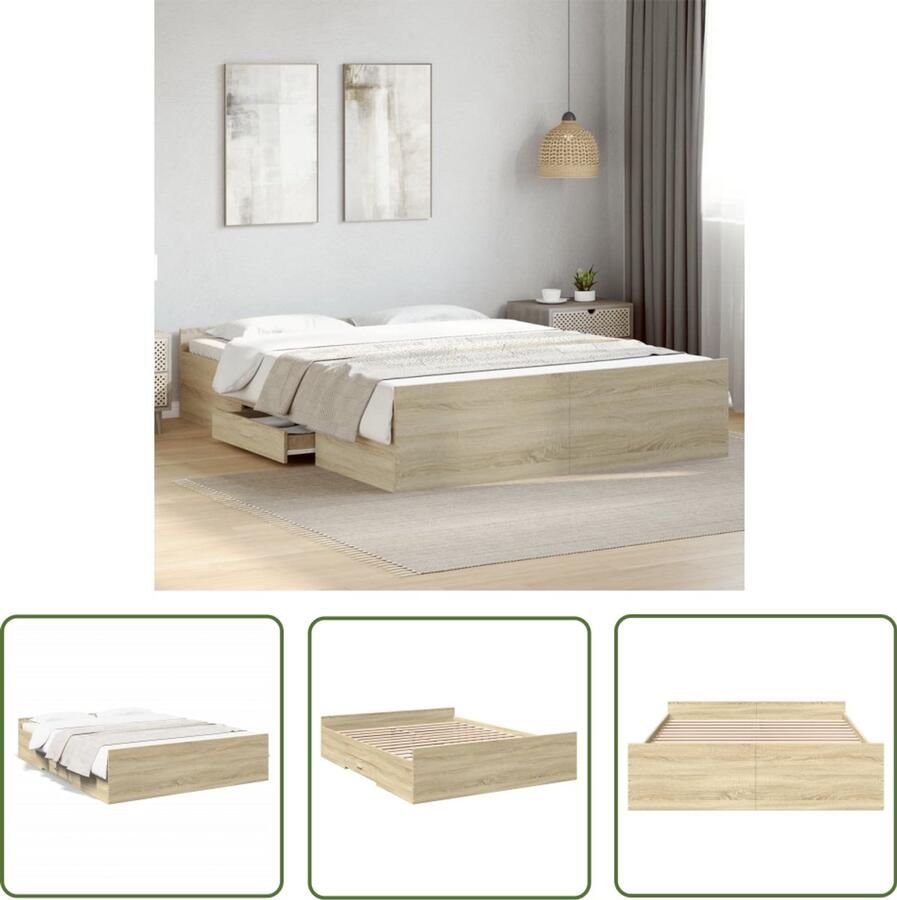 VidaXL Bedframe met lades bewerkt hout sonoma eikenkleurig 150x200 cm Bed Frame Houten Bed Met Laden Sonoma Eiken Tweepersoonsbed