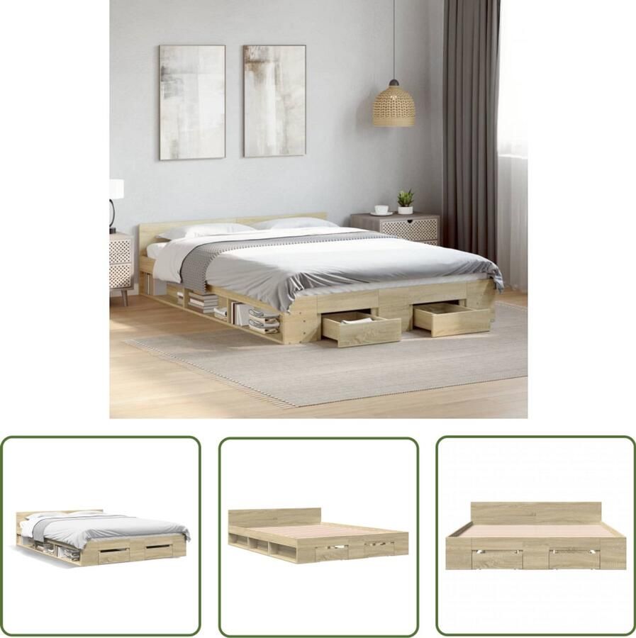 VidaXL Bedframe met lades bewerkt hout sonoma eikenkleurig 150x200 cm Bed Frame Houten Bed Sonomakleurige Bed Met Lade Tweepersoonsbed