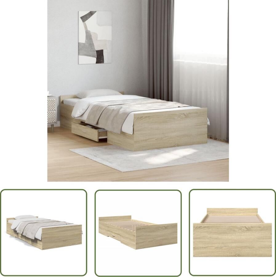 The Living Store Bedframe met lades bewerkt hout sonoma eikenkleurig 75x190 cm Bed Frame Houten Bed Slaapkamers Bedroom Furniture Design Bed