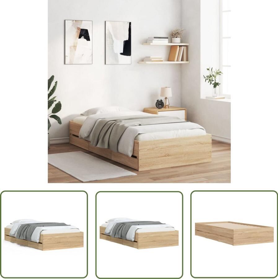 VidaXL Bedframe met lades bewerkt hout sonoma eikenkleurig 75x190 cm Bed Frame Houten Bed Sonomakleur Bedlade Opslagoplossing