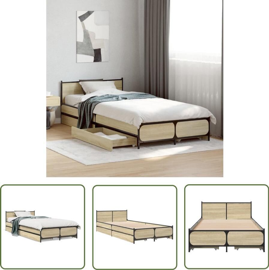 VidaXL Houten Bed Frame Bedframe met lades bewerkt hout sonoma eikenkleurig 90x200 cm Bed Met Lades Sonoma Eiken Tweepersoons Bed