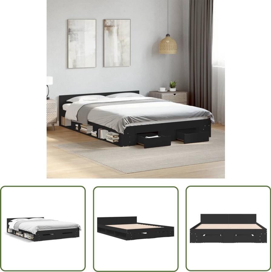VidaXL Bedframe met lades bewerkt hout zwart 150x200 cm Bed Frame Houten Bed Boxspring Frame Tweepersoons Bed Design Bed