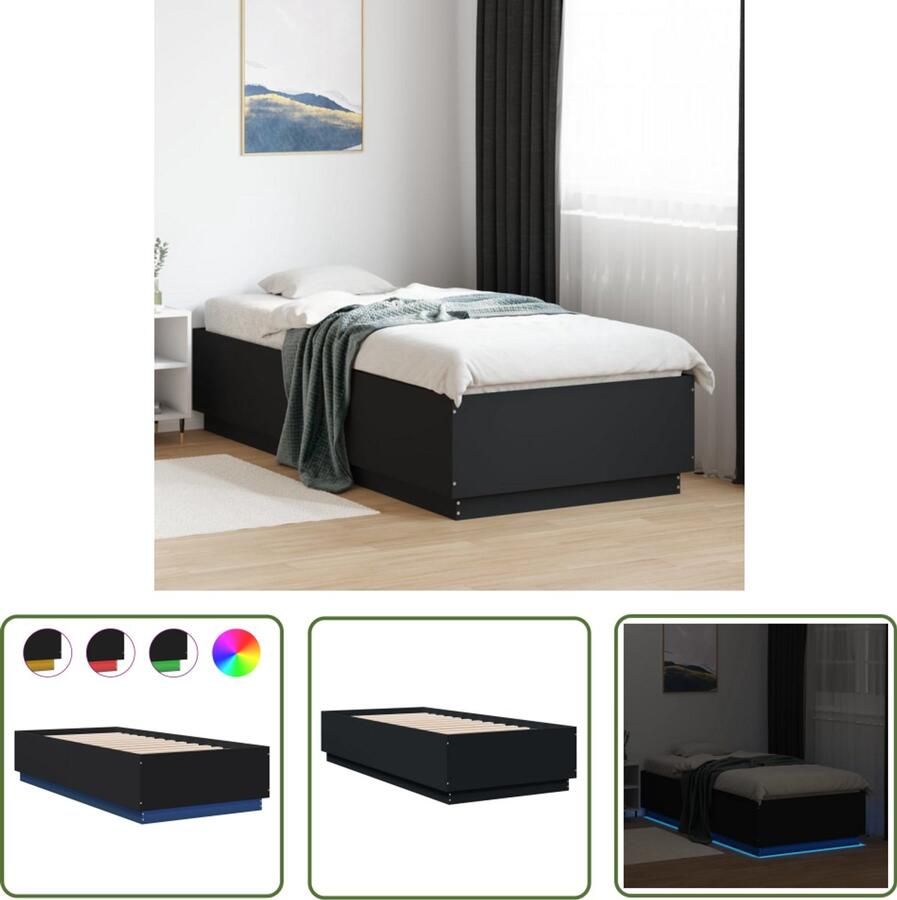 VidaXL Bedframe met LED-verlichting bewerkt hou zwart 100x200 cm Bed Frame Houten Bed Led Bed Zwarte Bed Tweepersoonsbed