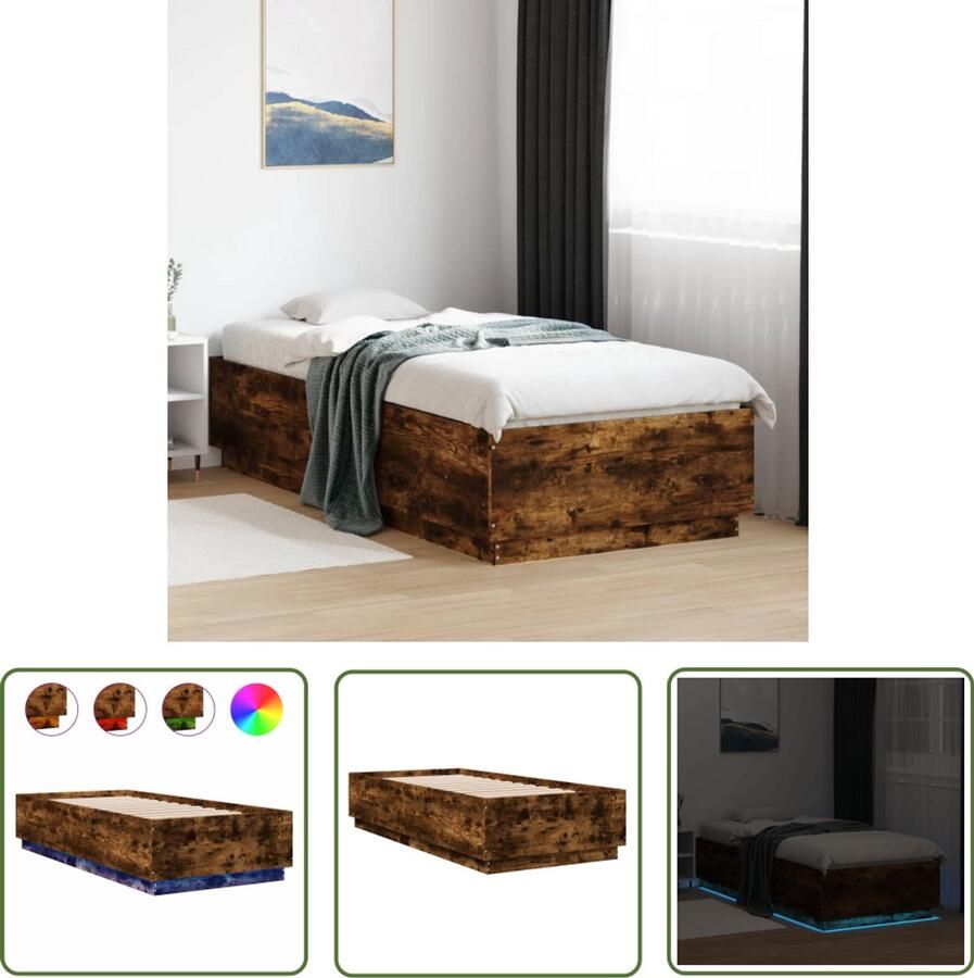 VidaXL Bedframe met LED-verlichting gerookt eikenkleurig 100x200 cm Bed Frame Houten Bed Led Bed Bruine Bed Tweepersoons Bed